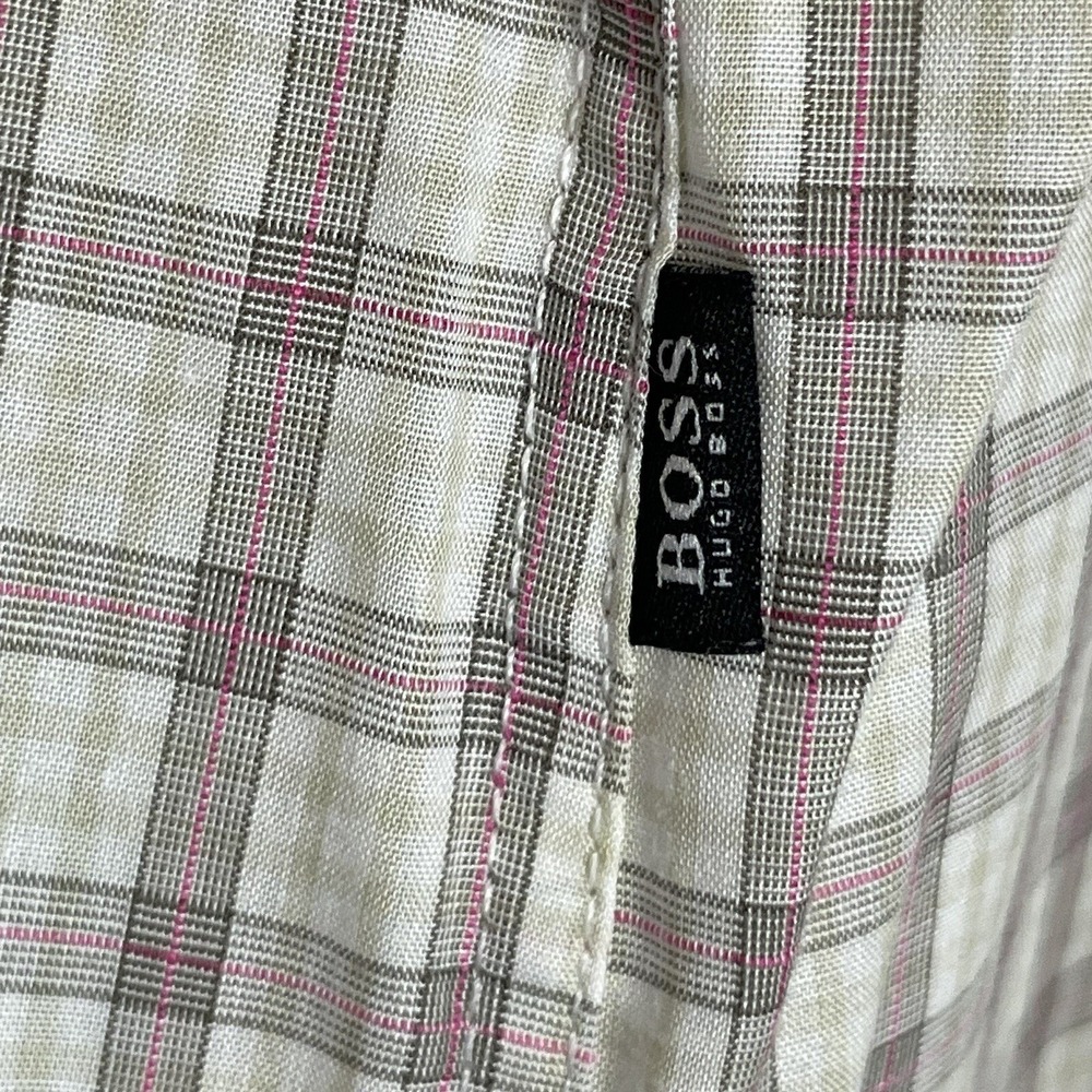 BOSS Hugo Boss Preston Shirt Mens Large Tan Plaid Slim Fit Long Sleeve Button Up - Picture 7 of 11